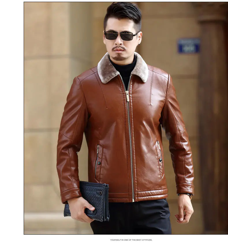Men's Leather Jacket with Fur Lining for Middle Age