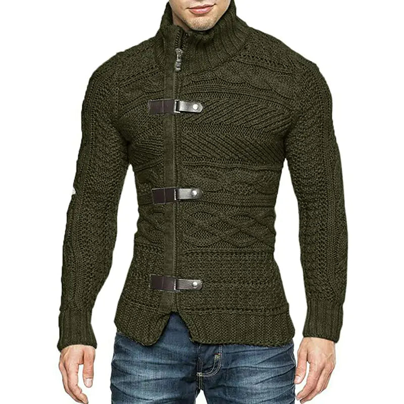 Men's Turtleneck Leather Button Knit Cardigan Jacket