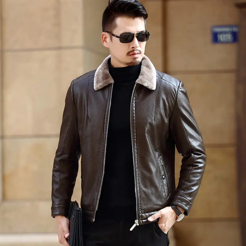 Men's Leather Jacket with Fur Lining for Middle Age