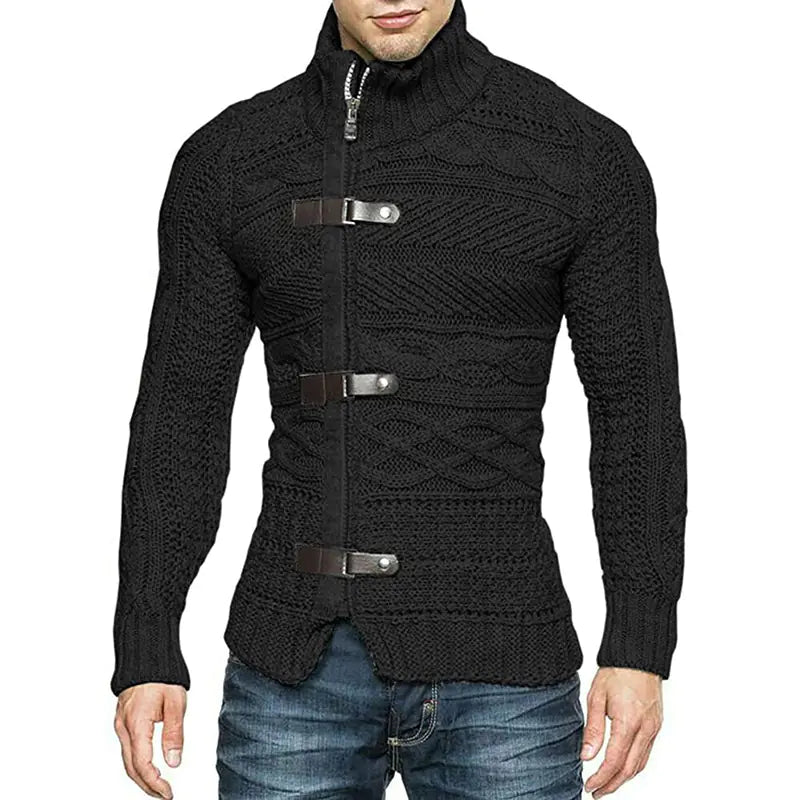 Men's Turtleneck Leather Button Knit Cardigan Jacket