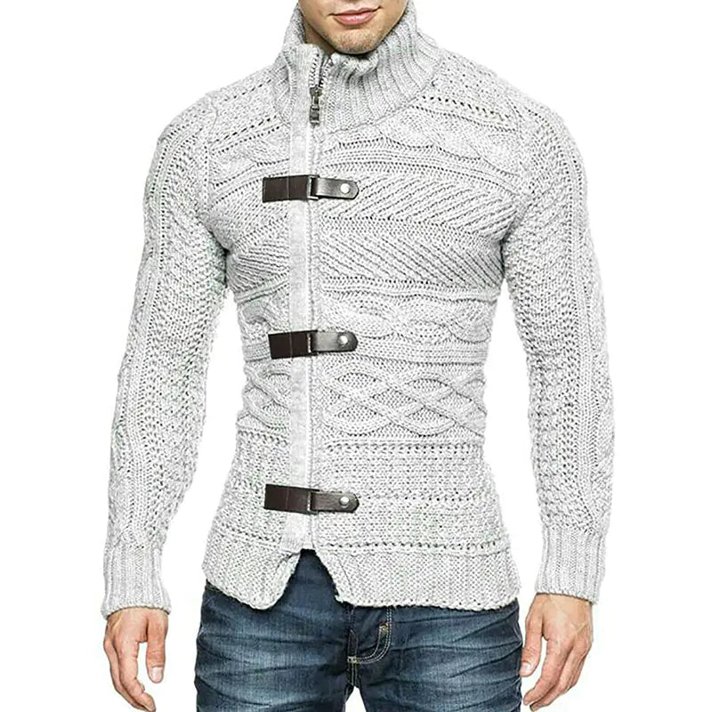 Men's Turtleneck Leather Button Knit Cardigan Jacket
