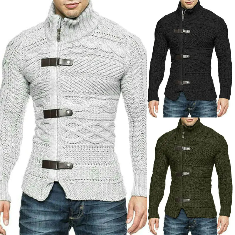 Men's Turtleneck Leather Button Knit Cardigan Jacket