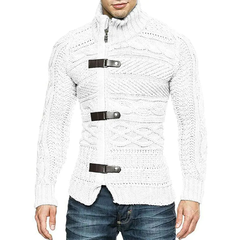 Men's Turtleneck Leather Button Knit Cardigan Jacket