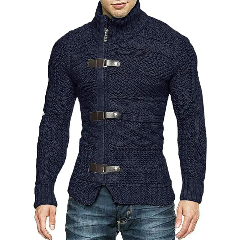 Men's Turtleneck Leather Button Knit Cardigan Jacket