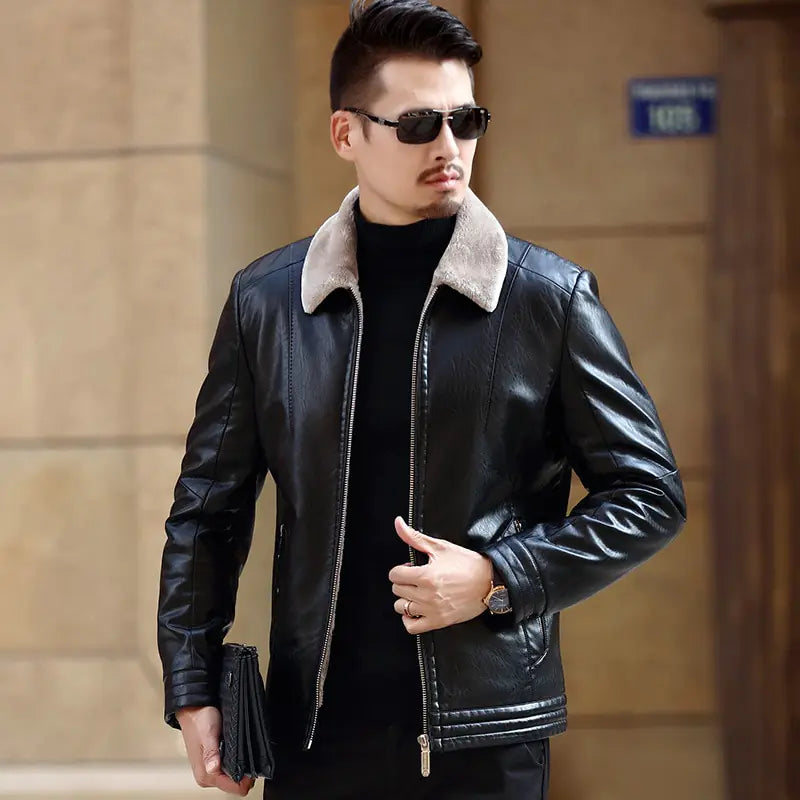 Men's Leather Jacket with Fur Lining for Middle Age