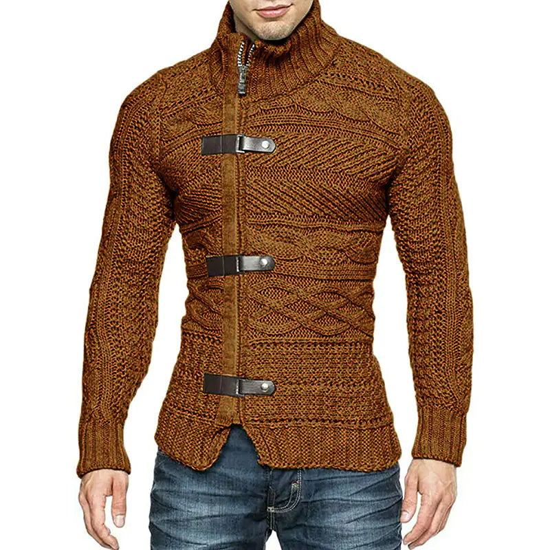 Men's Turtleneck Leather Button Knit Cardigan Jacket